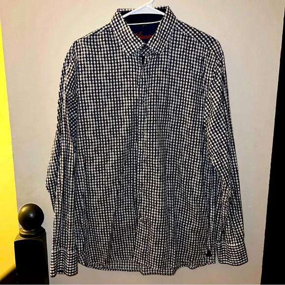 Visconti Shirt Mens Large Blue Check Flip Cuff Contrast Button Front - Picture 1 of 7